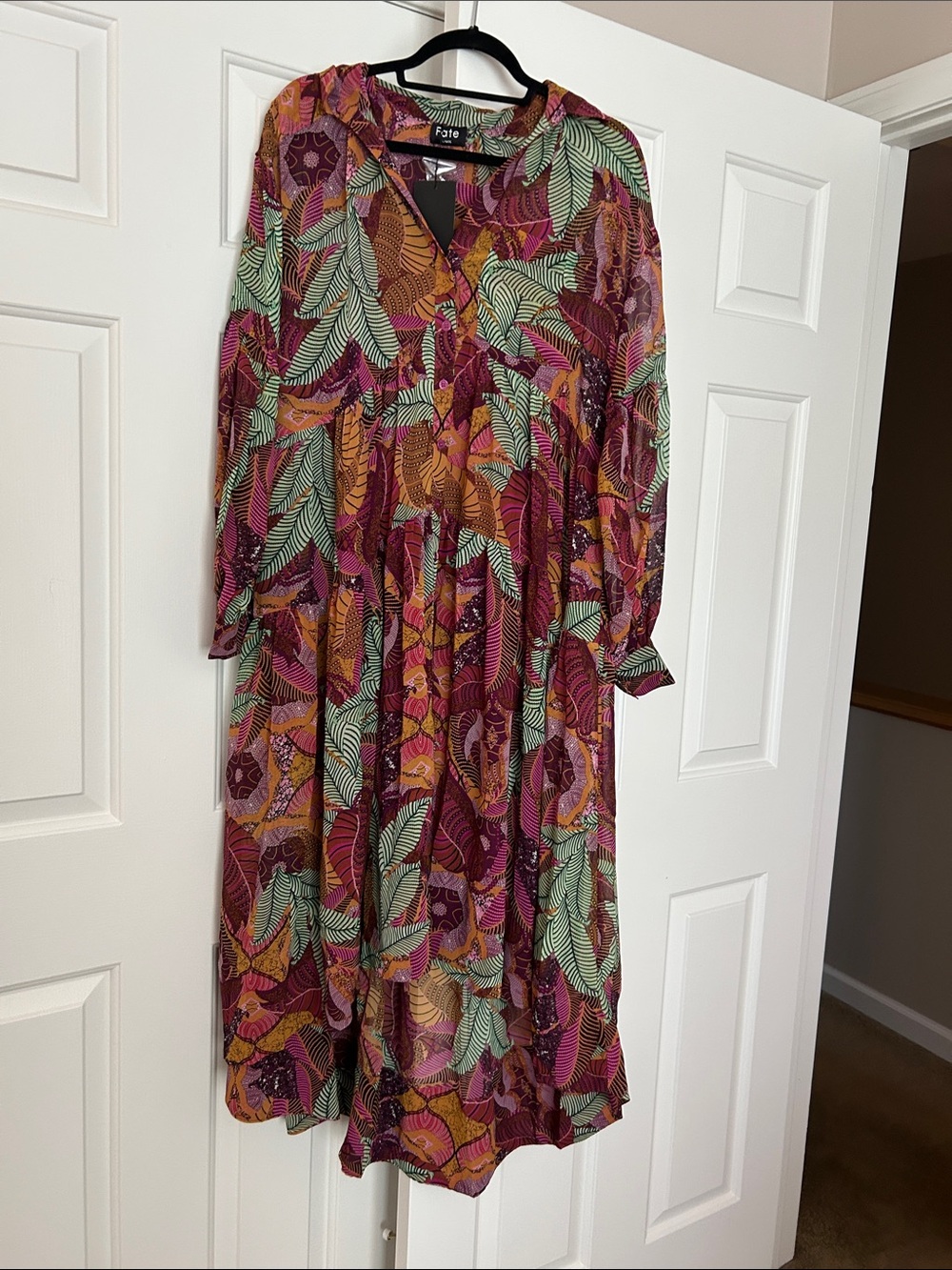 @Karisfashion Floral Leaf Print Long Sleeve Midi Dress - Pink Multi